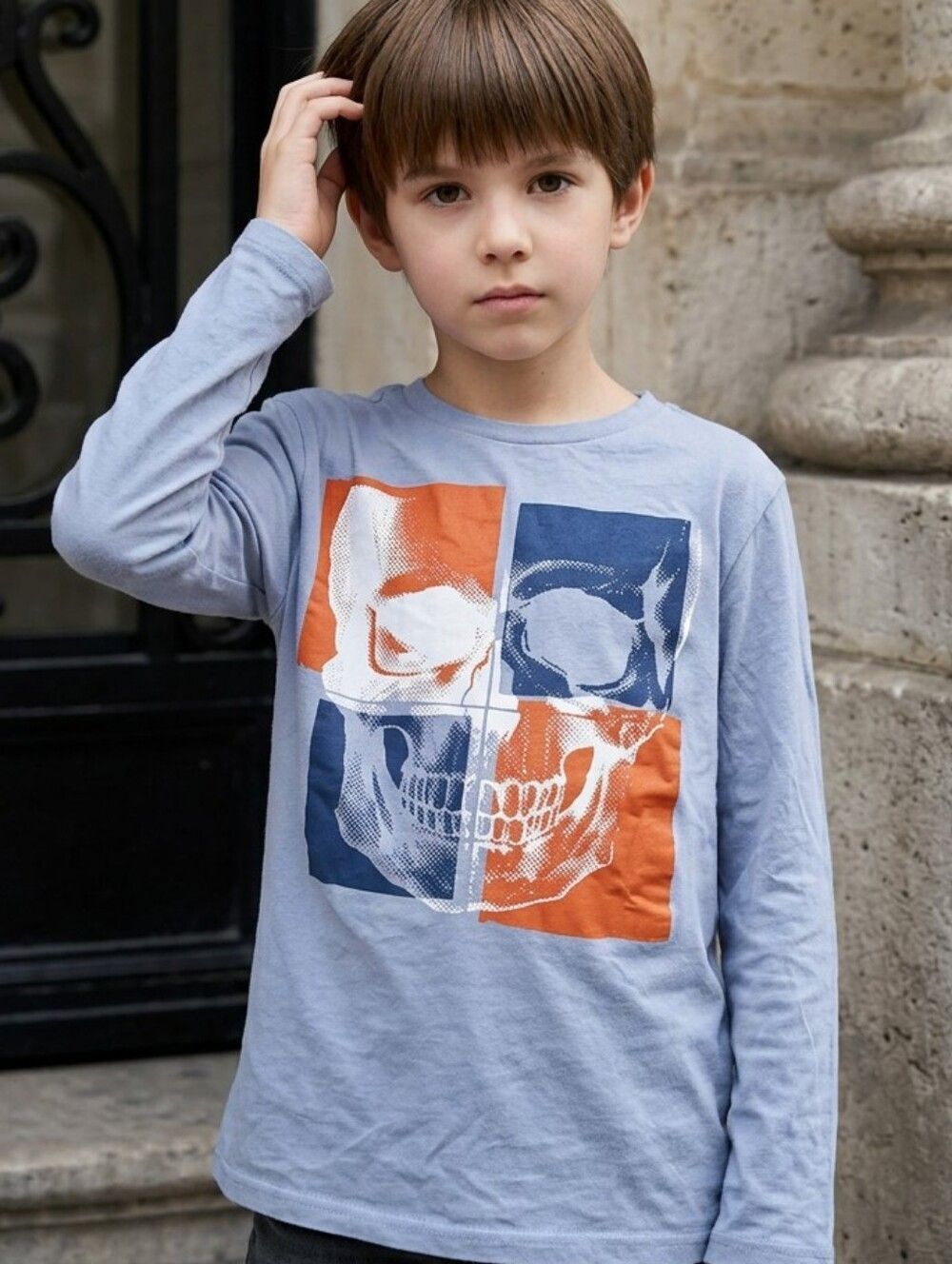 Children's PLACE Boys 10 12 Long Sleeve Gray Graphic Tee Skull T-Shirt Skeleton